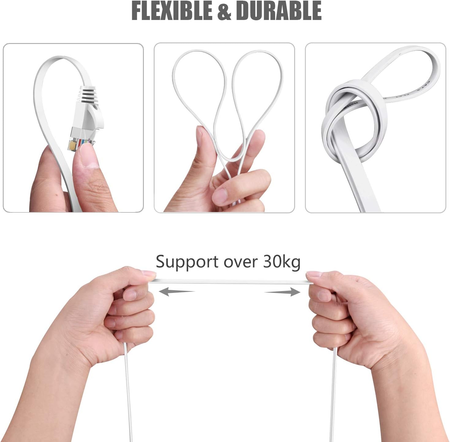 BUSOHE Cat6 Ethernet Cable 20 FT White, Cat-6 Flat RJ45 Computer Internet LAN Network Ethernet Patch Cable Cord - 20 Feet